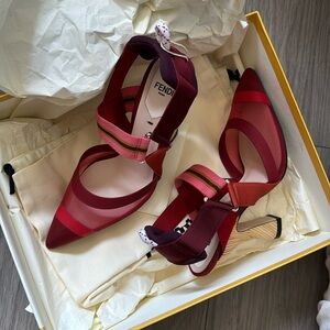 Fendi Burgundy Mesh and Canvas Colibri Slingback Pumps Size 35